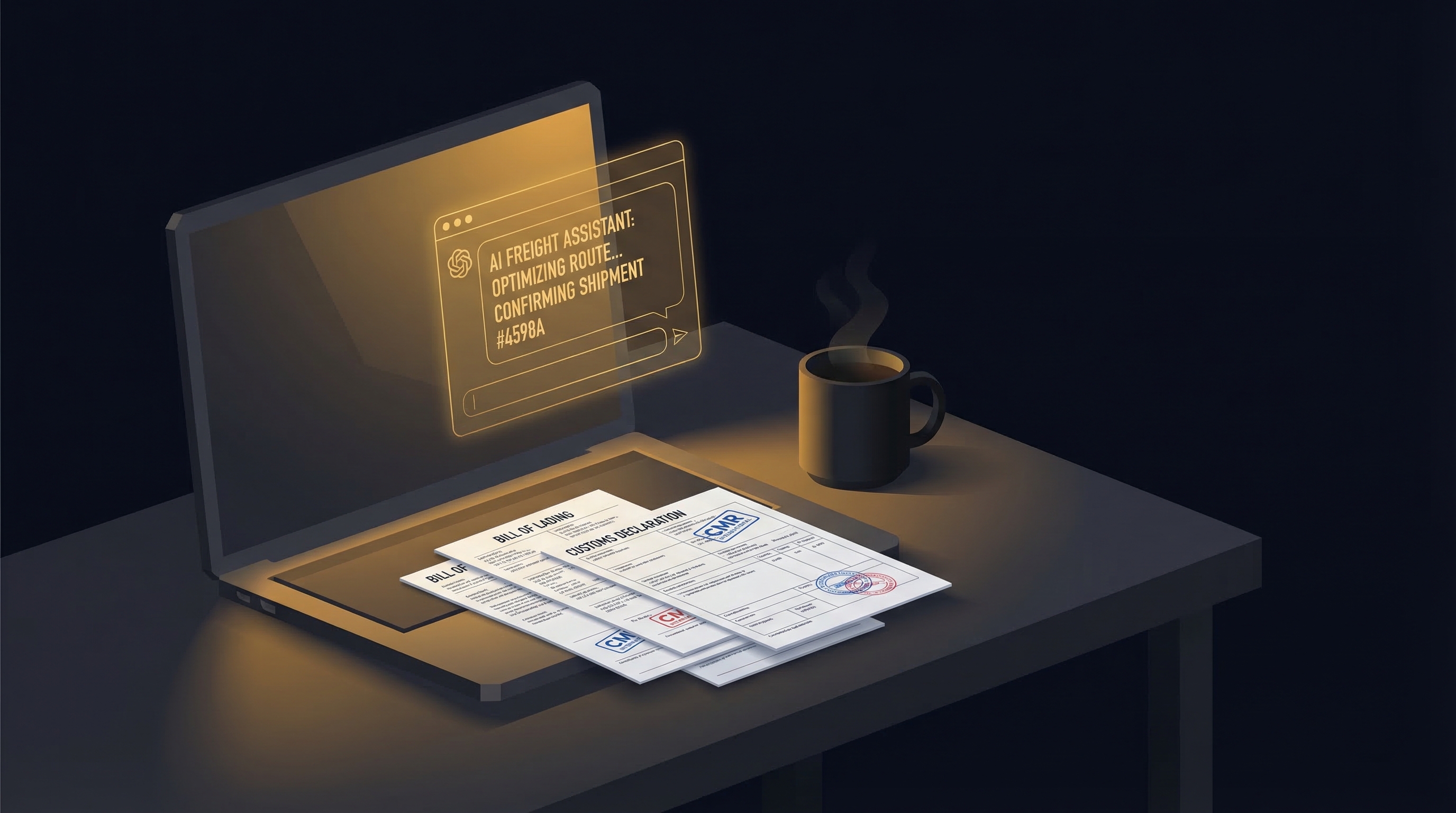 Biurko spedytora z AI — laptop, dokumenty CMR, interfejs asystenta